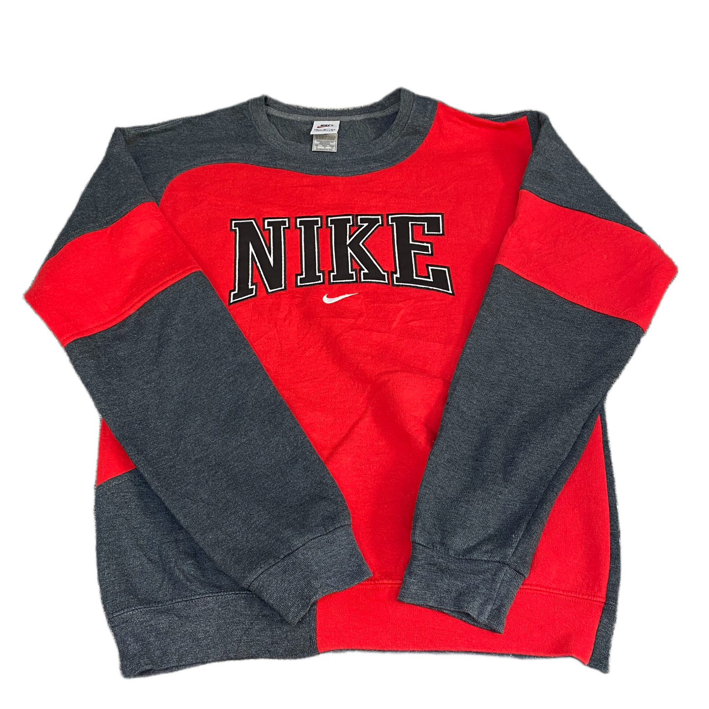 Nike Reworked Sweatshirt Mens M Red Grey Embroidered Spellout Logo Vintage Y2K