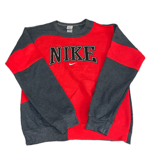 Nike Reworked Sweatshirt Mens M Red Grey Embroidered Spellout Logo Vintage Y2K
