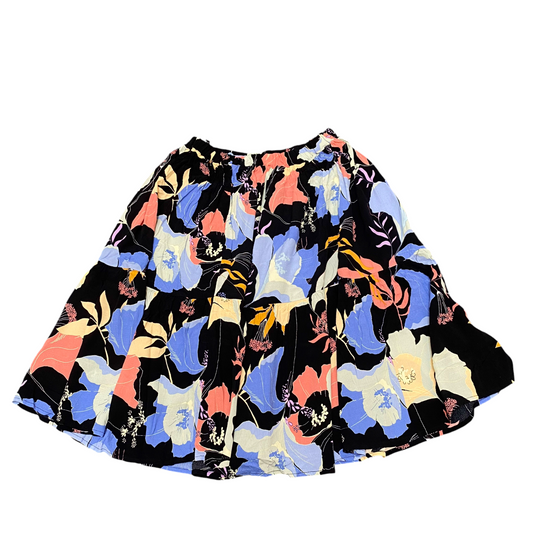 A-Line Skirt Womens S Black Floral Pleated Comfort Elastic Waist Preppy Outdoor