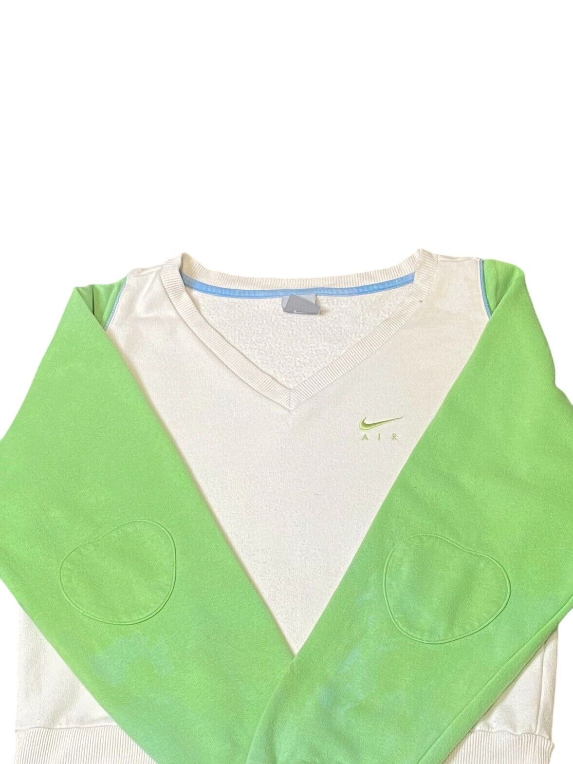 Nike Air Sweatshirt Womens L White Green V-Neck Long Sleeve Elbow Patch Pullover