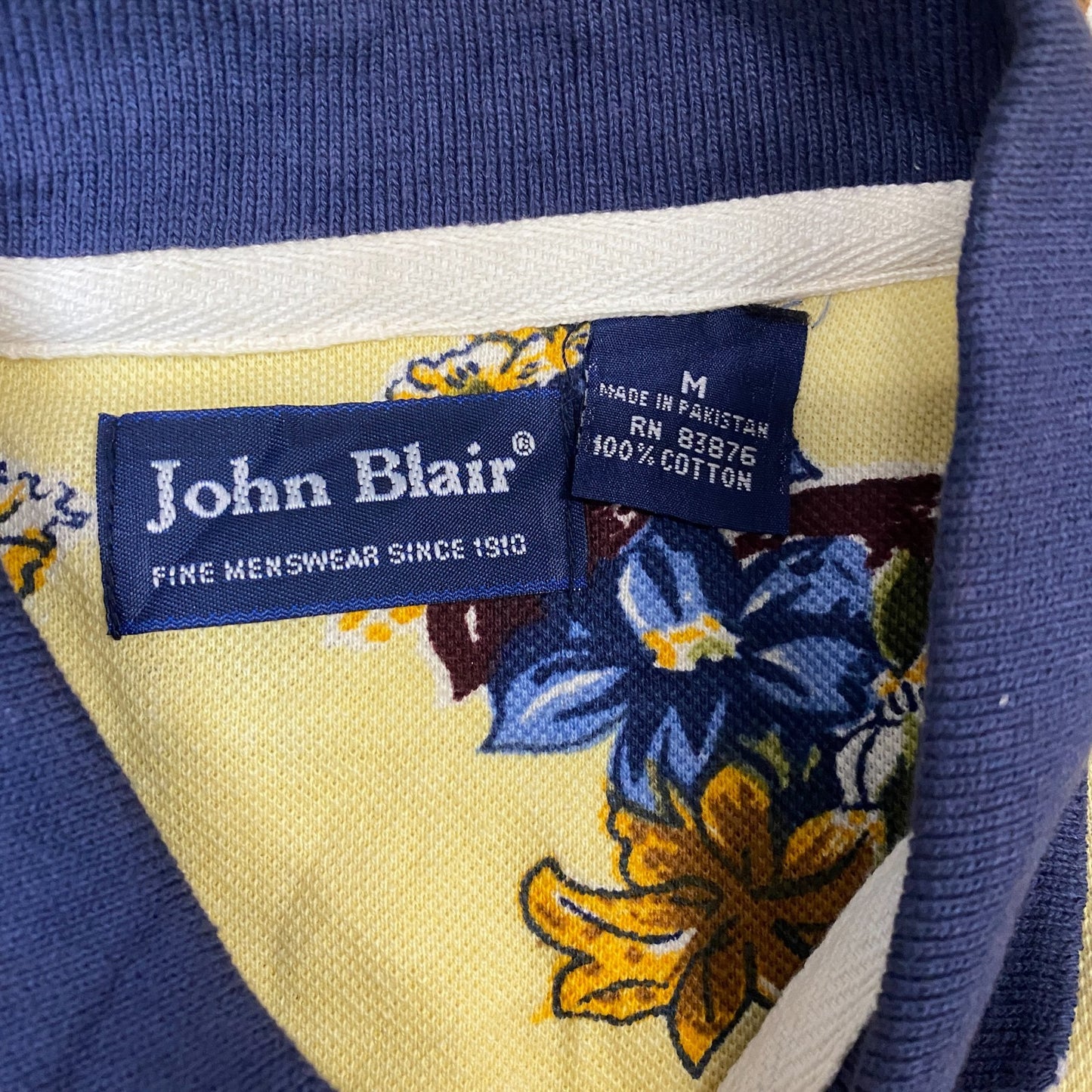 Vintage John Blair Polo Shirt Mens Medium Yellow All-Over Postcard Print Popover