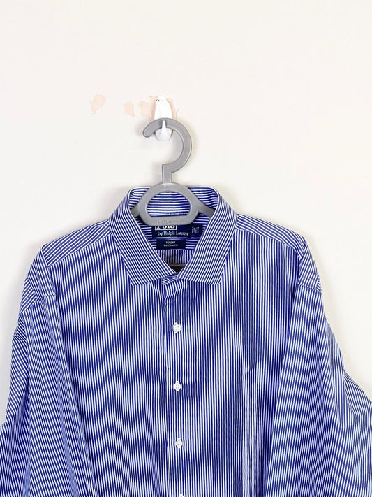 Ralph Lauren Dress Shirt Men L Blue Striped Regent Custom Fit Collar Button Down