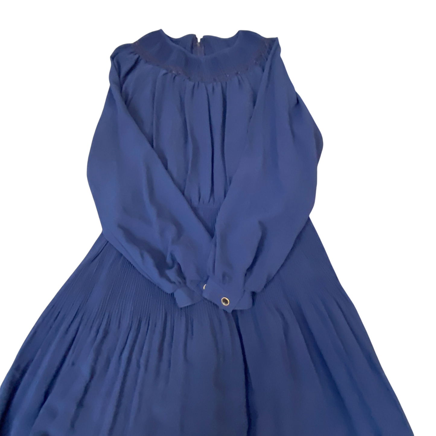 Long Maxi Dress Womens S Blue Long Sleeve Smocked Waist Round Neck Back Zip