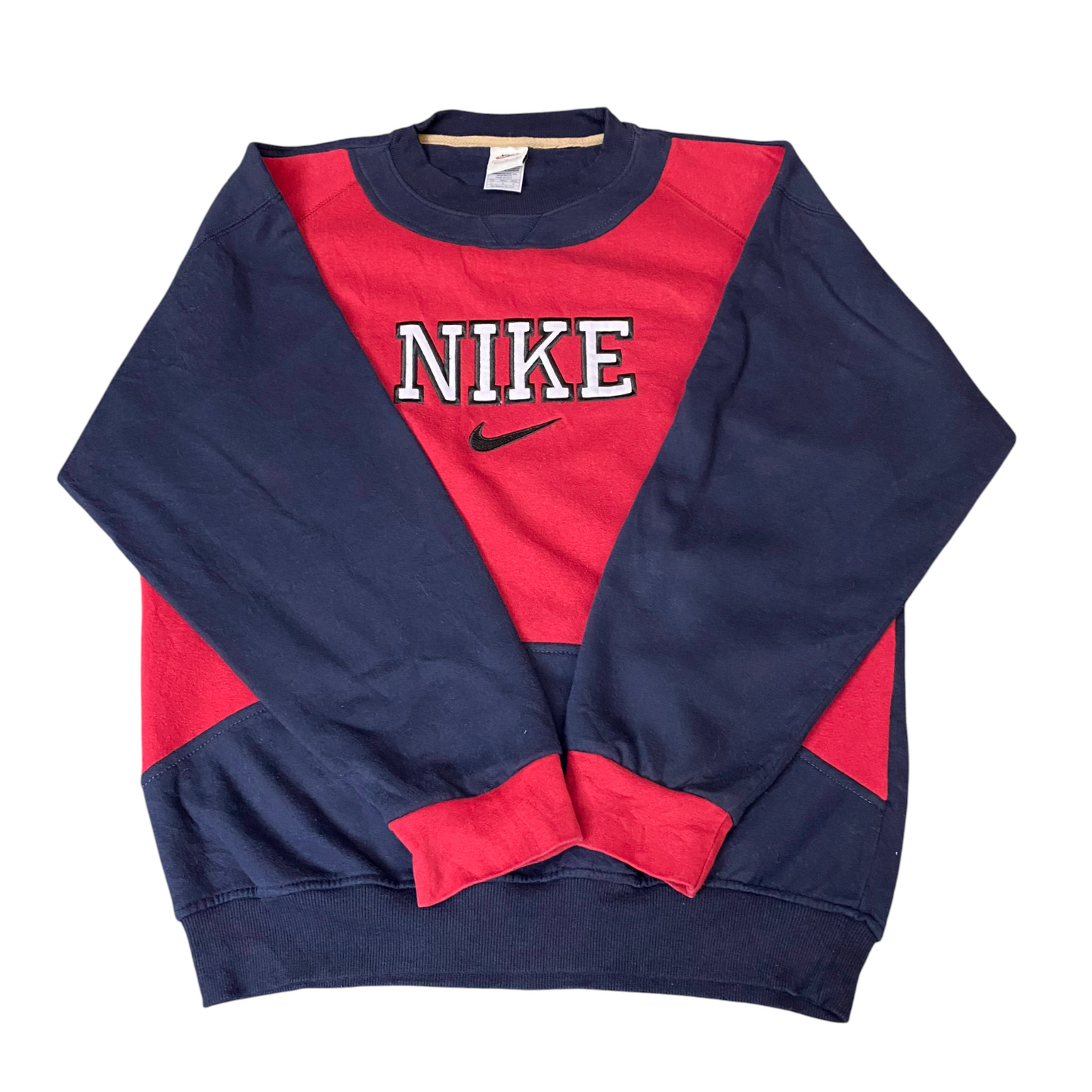 Nike Reworked Sweatshirt Mens L Red Navy Embroidered Spellout Logo Vintage Y2K