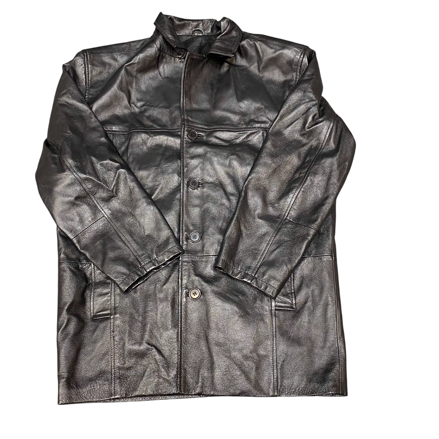 Mens Real Genuine Leather Jacket M Black Lined Long Sleeve Collared Button Front