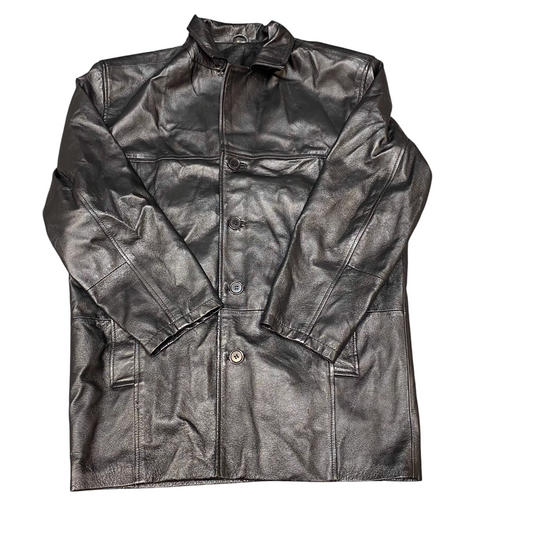 Mens Real Genuine Leather Jacket M Black Lined Long Sleeve Collared Button Front