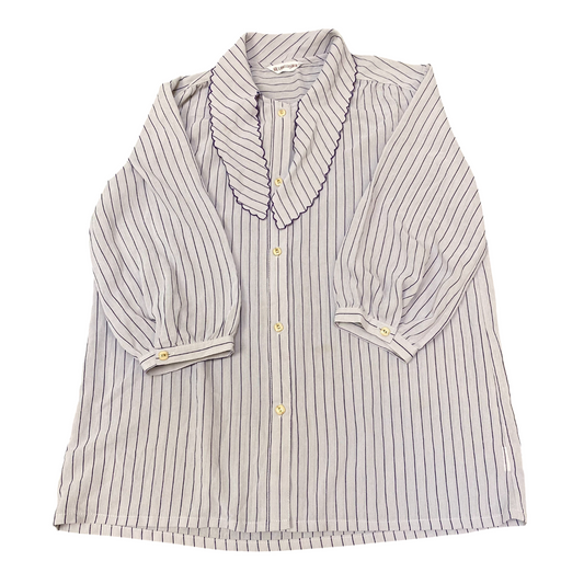 Blouse Top Womens M White Blue Striped Scallop Collared Long Sleeve Button Front