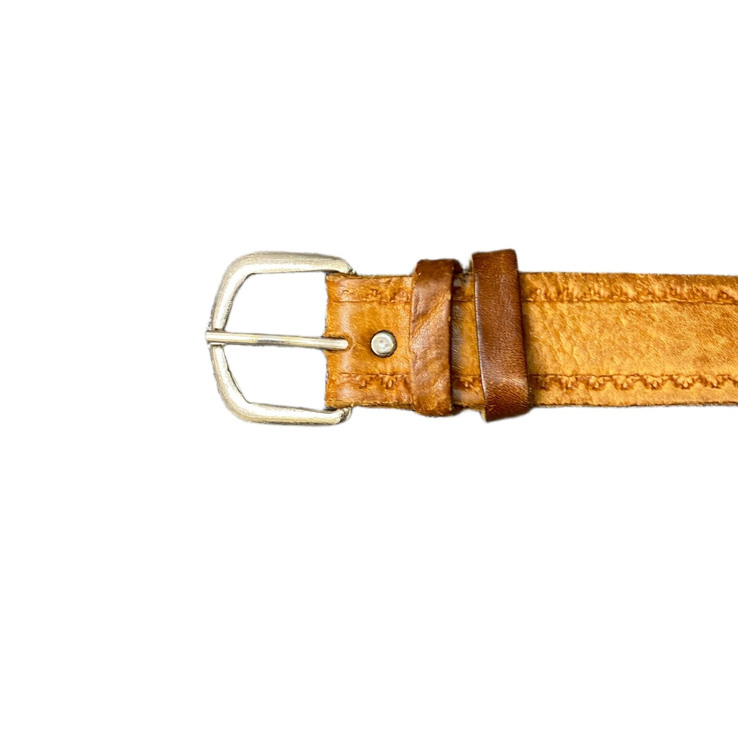 Vintage Waist Belt Mens Tan Leather Stitched Edge Silver Pin Buckle 51.5 Inches