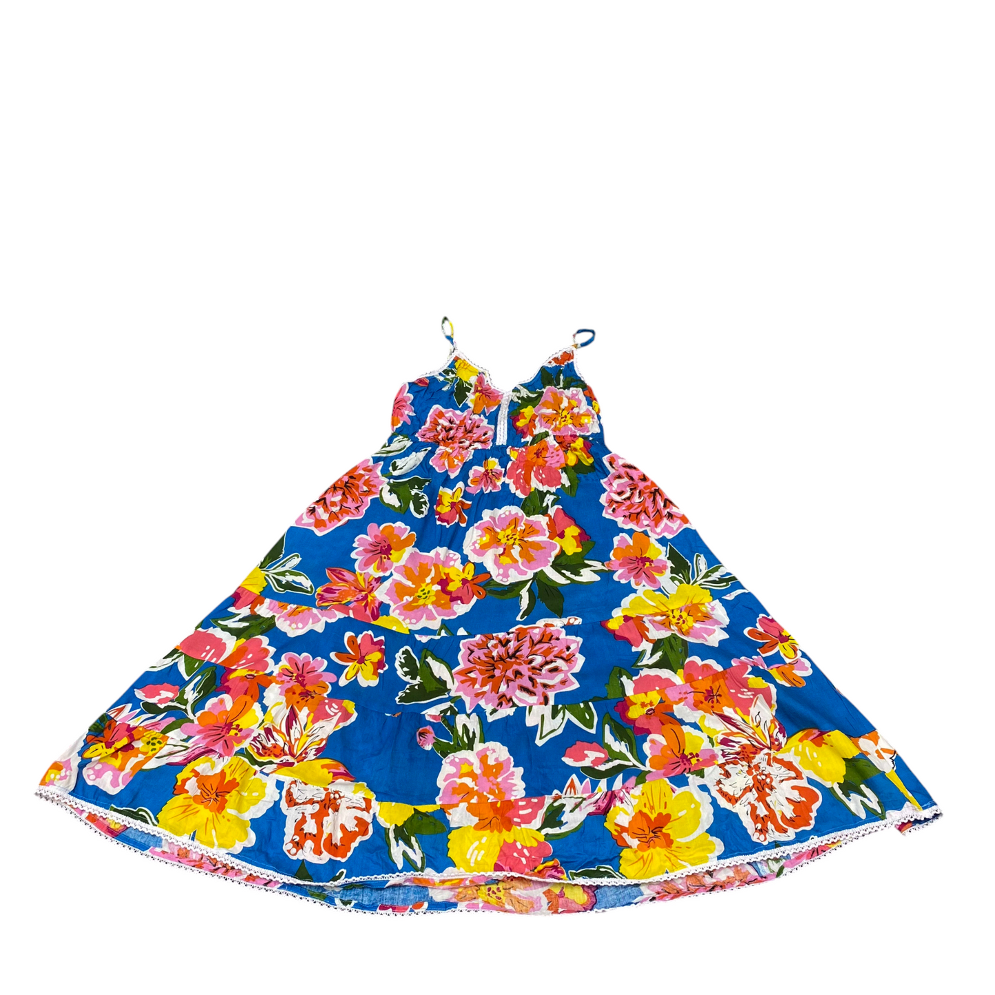 South Main A-Line Dress Womens M Blue Floral Lace Trim Smocked Spaghetti Strap