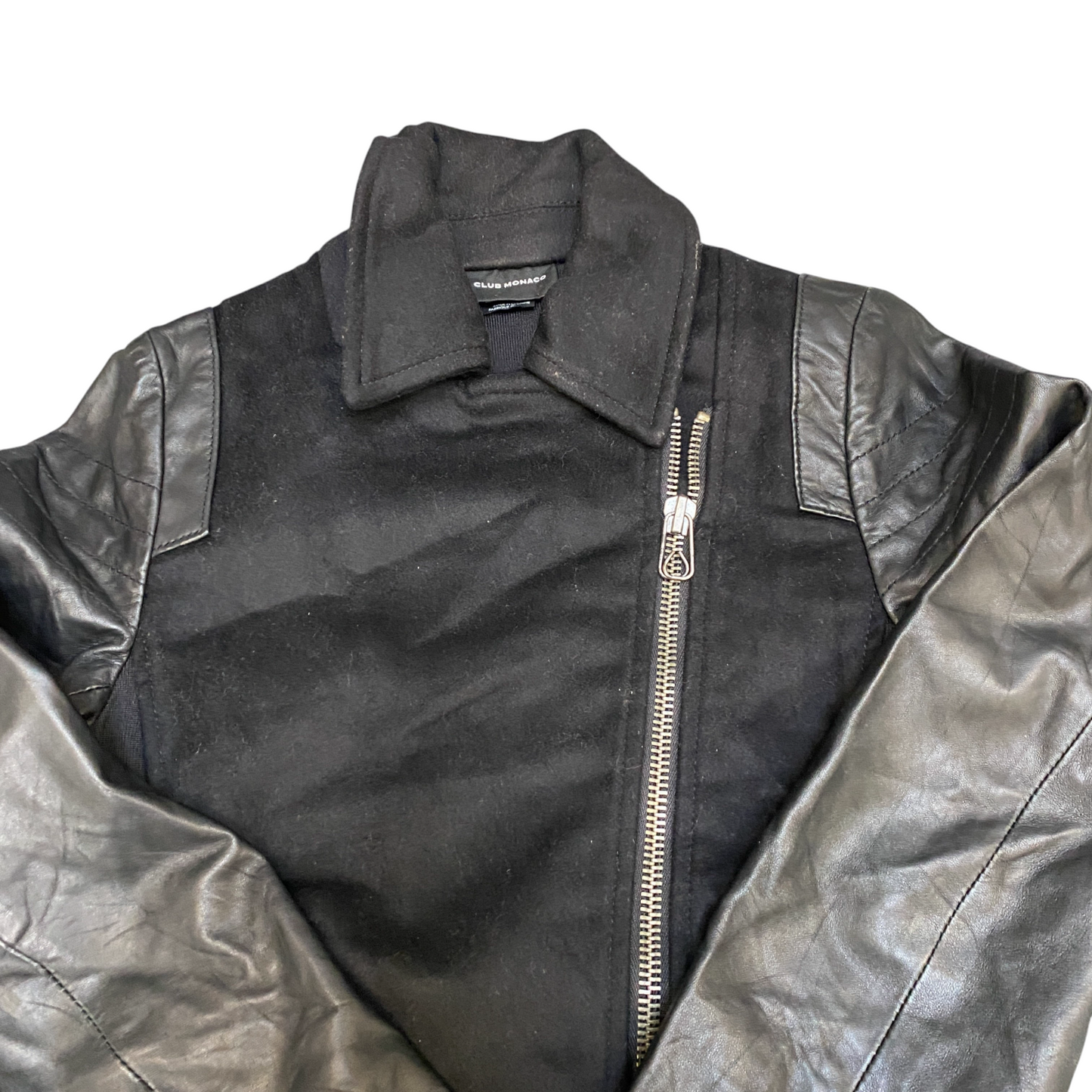 Club Monaco Leather Motorcycle Jacket Womens 2XS Black Collared Asymmetrical Zip