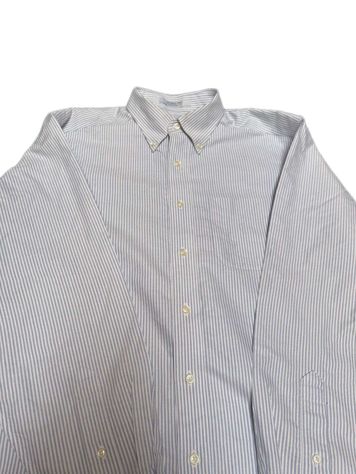 L.L. Bean Dress Shirt Men Large White Blue Striped Traditional Fit Wrinkle Free