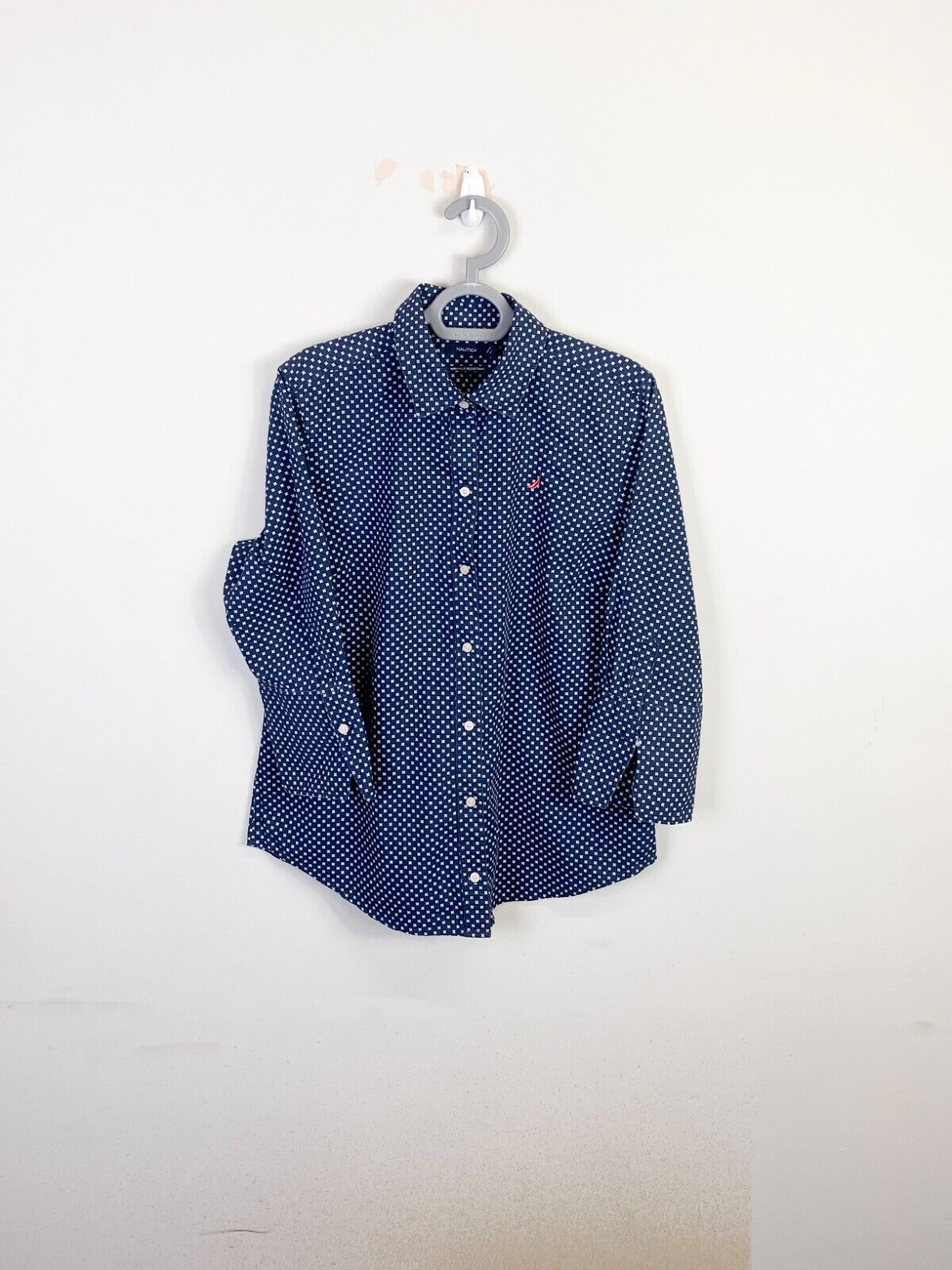 Nautica Shirt Womens Large Blue Floral Wrinkle Resistant Collared Button Down