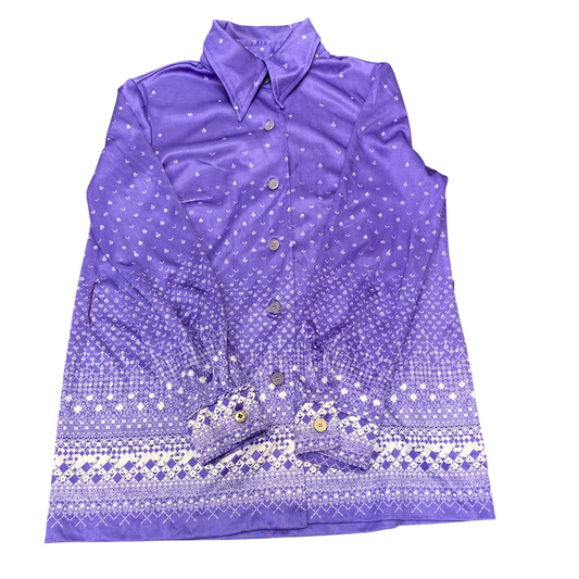 Shirt Top Womens S Purple White Geometric Long Sleeve Collared Button Down