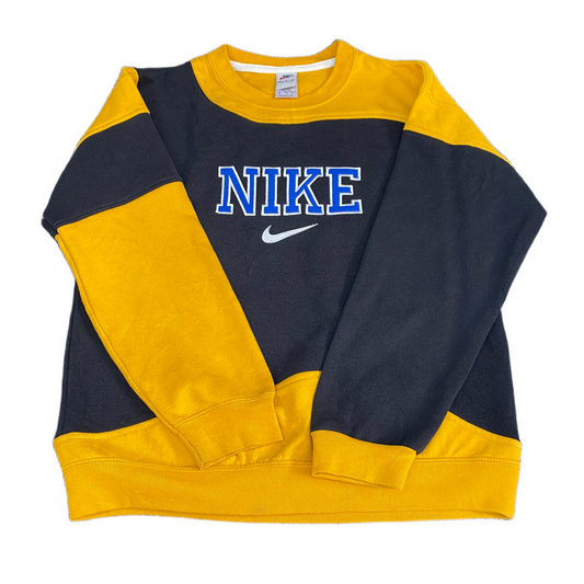 Nike Reworked Sweatshirt Mens M Yellow Black Embroidered Spellout Logo Vtg Y2K