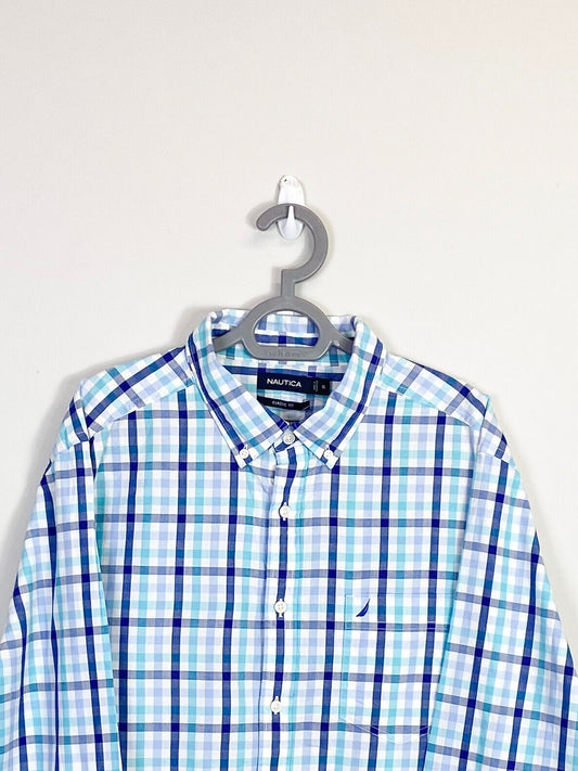 Nautica Shirt Mens XL Blue Checkered Classic Fit Long Sleeve Collar Button Down