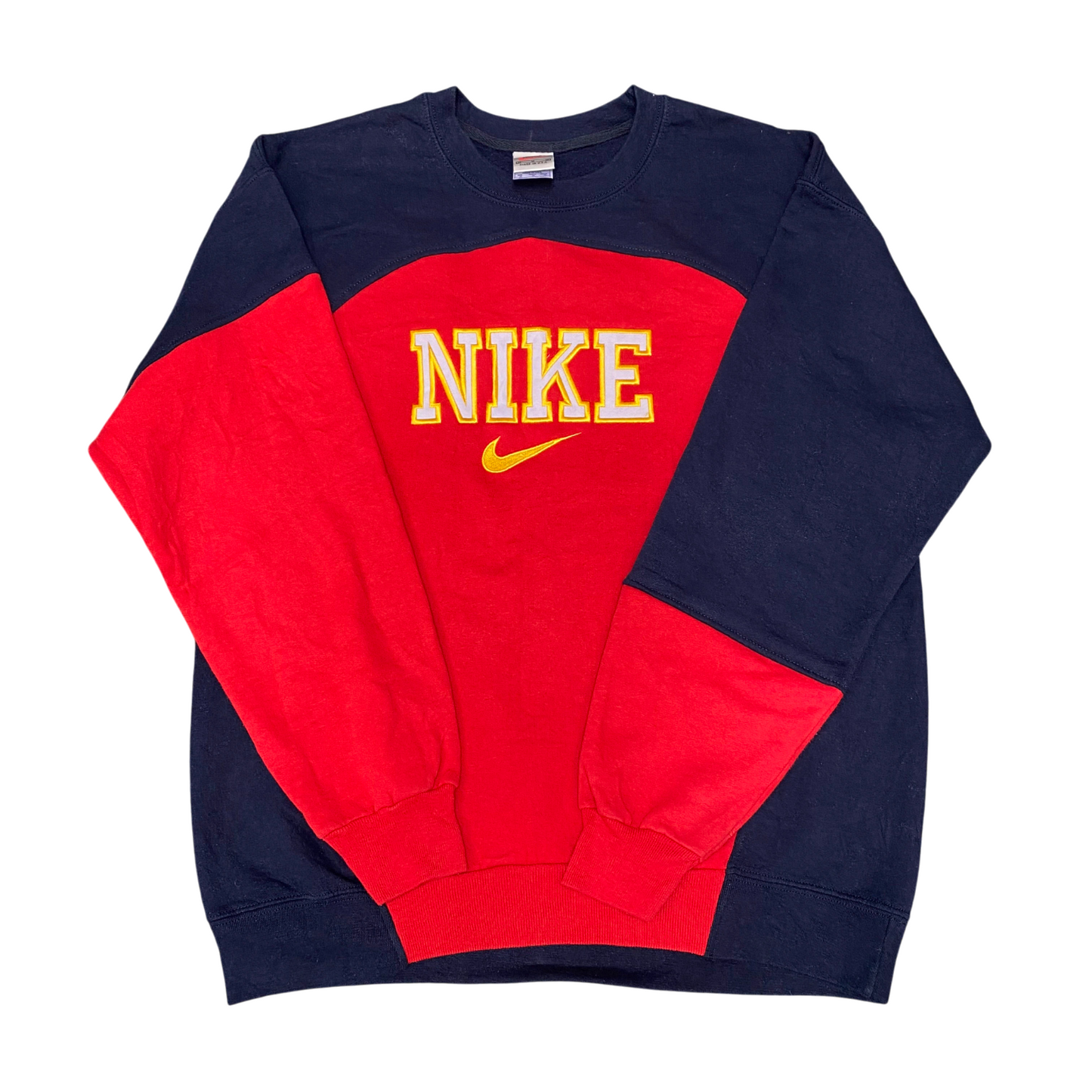 Nike Reworked Sweatshirt Mens Medium Blue Red Embroidered Spell Out Logo Y2K