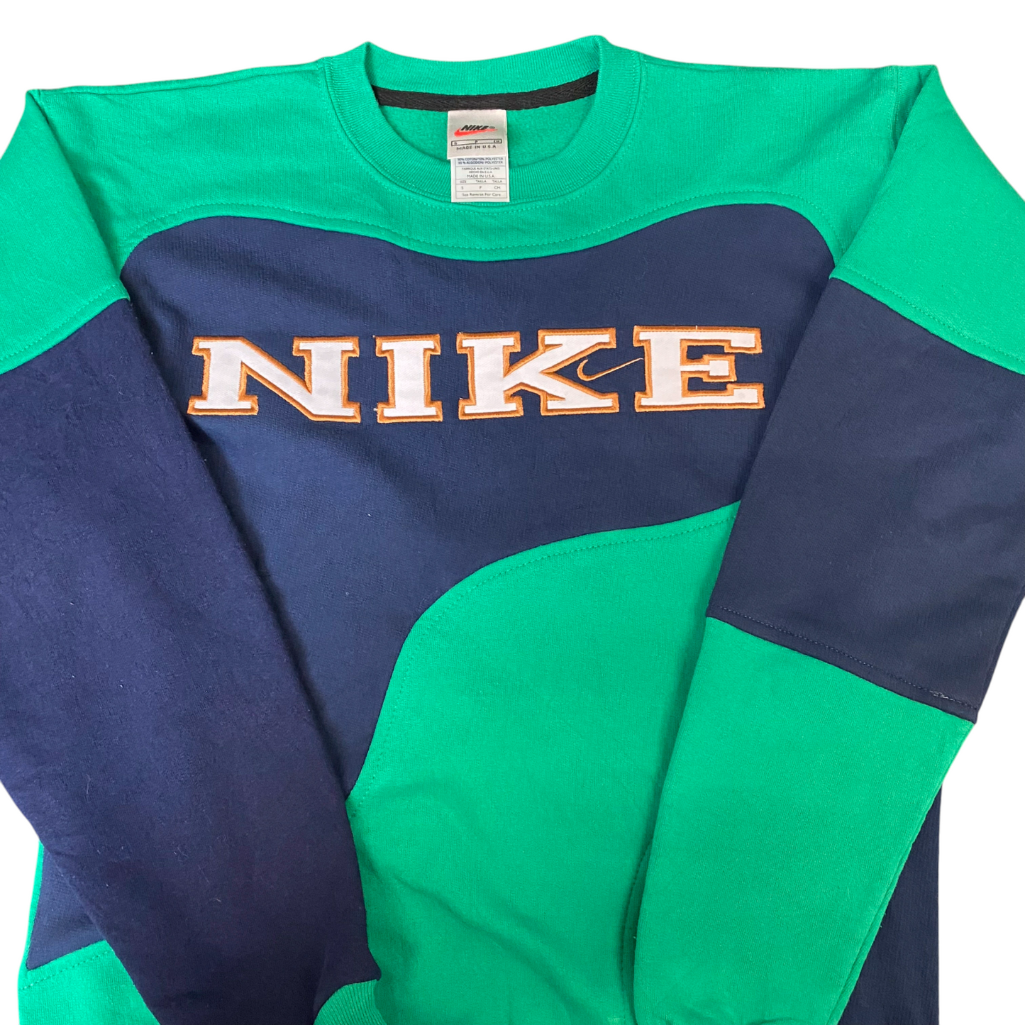 Nike Reworked Sweatshirt Mens Small Navy Green Embroidered Spellout Logo Vtg Y2K