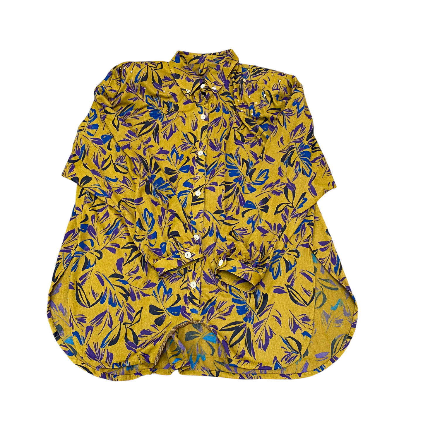 Womens Shirt Top L Yellow Floral Beaded Slit Round Hem Long Sleeve Button Down