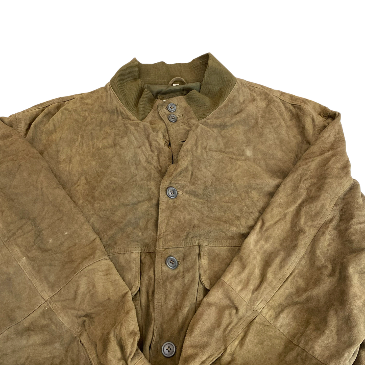 Bomber Jacket Mens L Green Suede Leather Long Sleeve Pockets Button Front