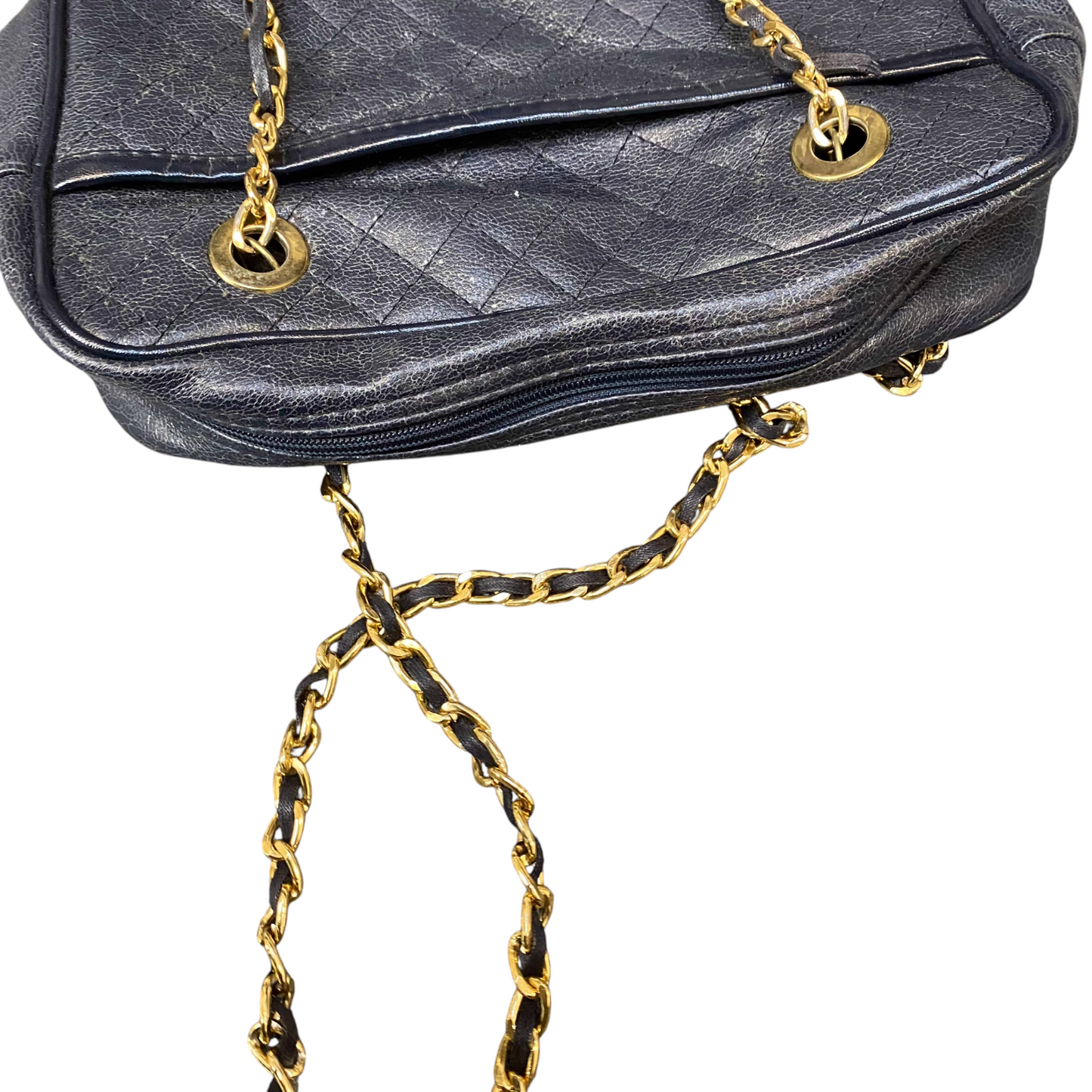 Womens Shoulder Bag Black Leather Quilted Chain Strap Double Handles Zip Closure