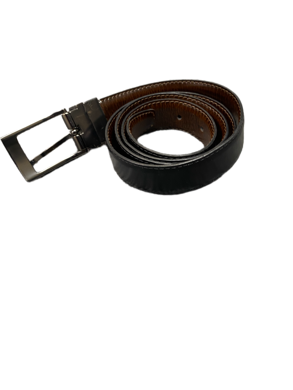 Waist Belt Men Black Leather Adjustable Reversible Silver Pin Buckle 40.5 inches