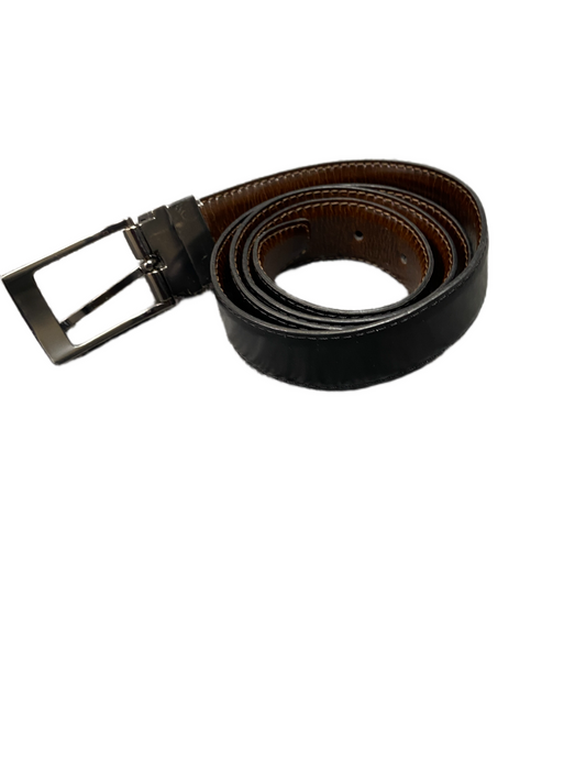Waist Belt Men Black Leather Adjustable Reversible Silver Pin Buckle 40.5 inches