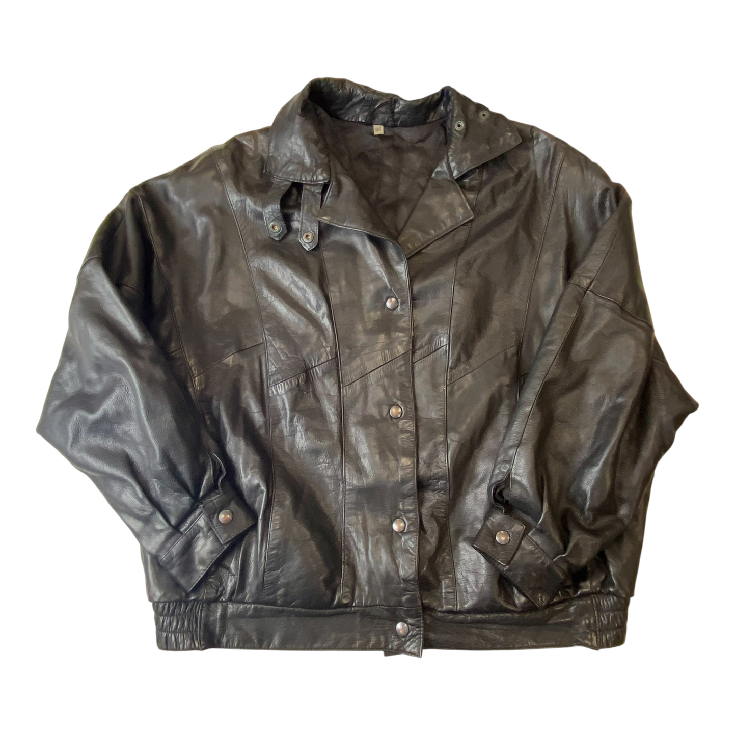 Womens Faux Leather Jacket Large Black Lined Collar Snap Button Elasticated Hem