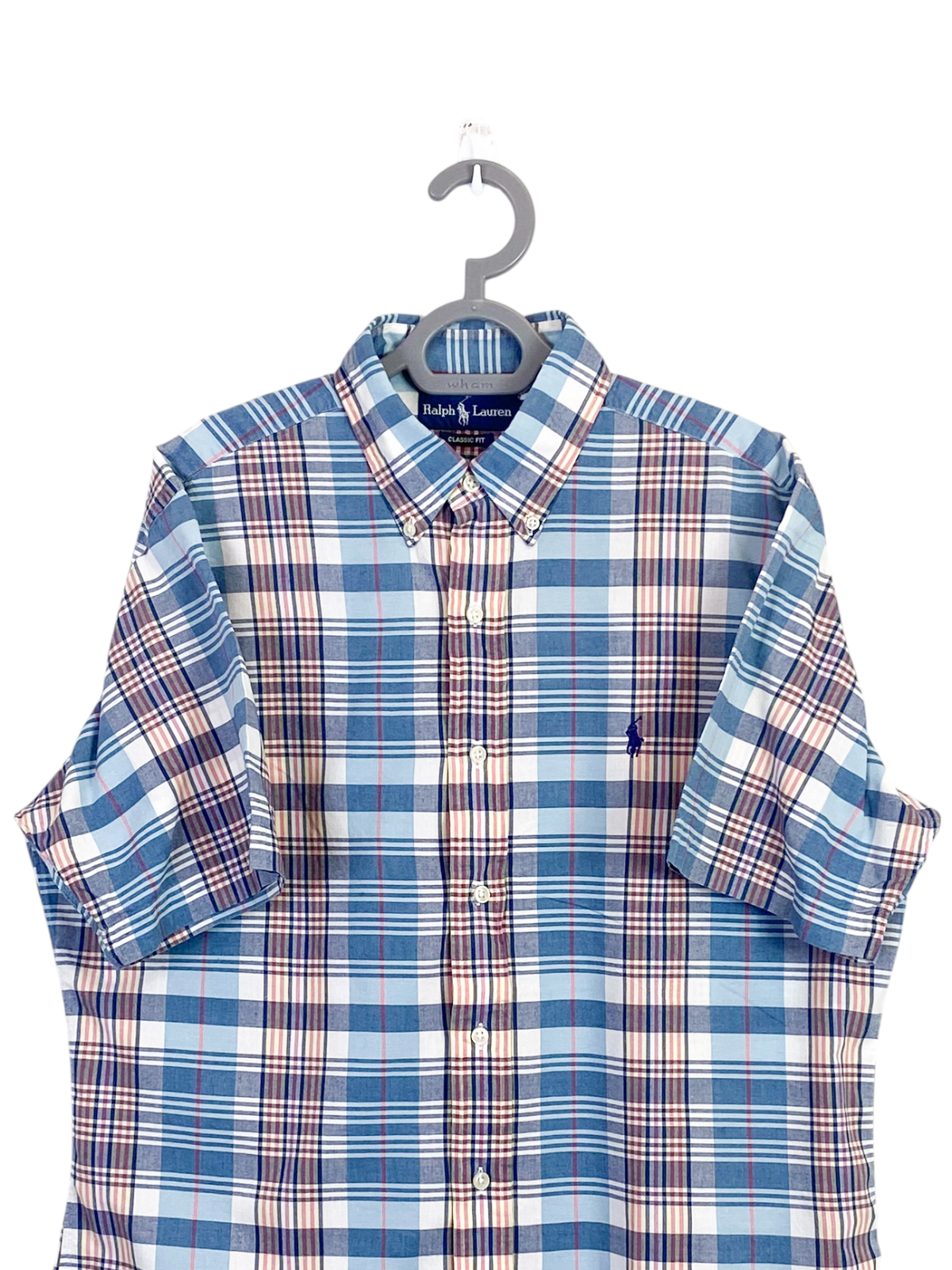 Ralph Lauren Shirt Mens Medium Blue Plaid Short Sleeve Small Blue Polo Pony Logo