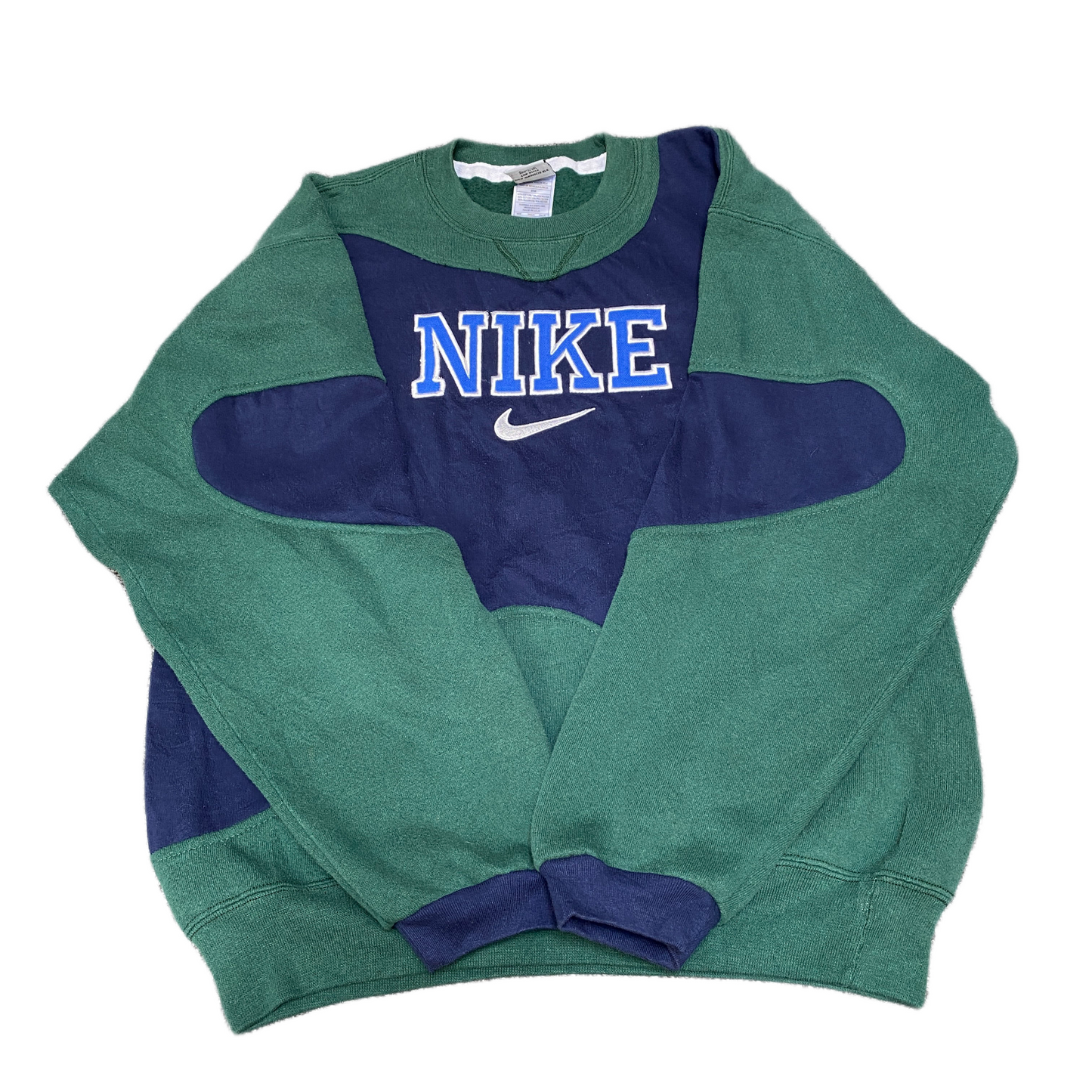 Nike Reworked Sweatshirt Mens M Green Blue Embroidered Spellout Logo Vintage Y2K