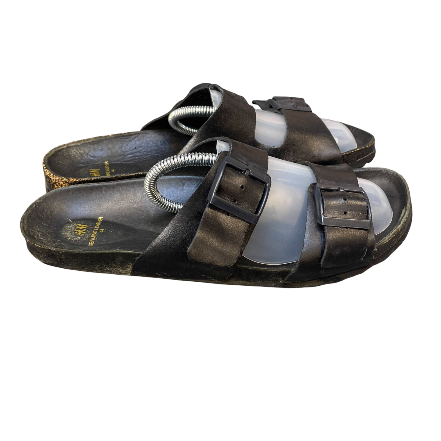 H&M Slide Sandals Mens UK 9.5 Black Genuine Leather Dual Buckle Strap Slip On