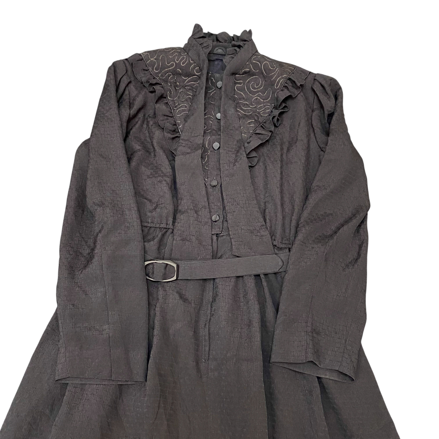 A-Line Maxi Dress Womens Black Belted Long Sleeve Ruffle Trim Button Front