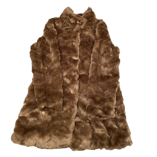 Women's Faux Fur Coat Large Brown Lined Plush Soft Long Sleeve Button Front