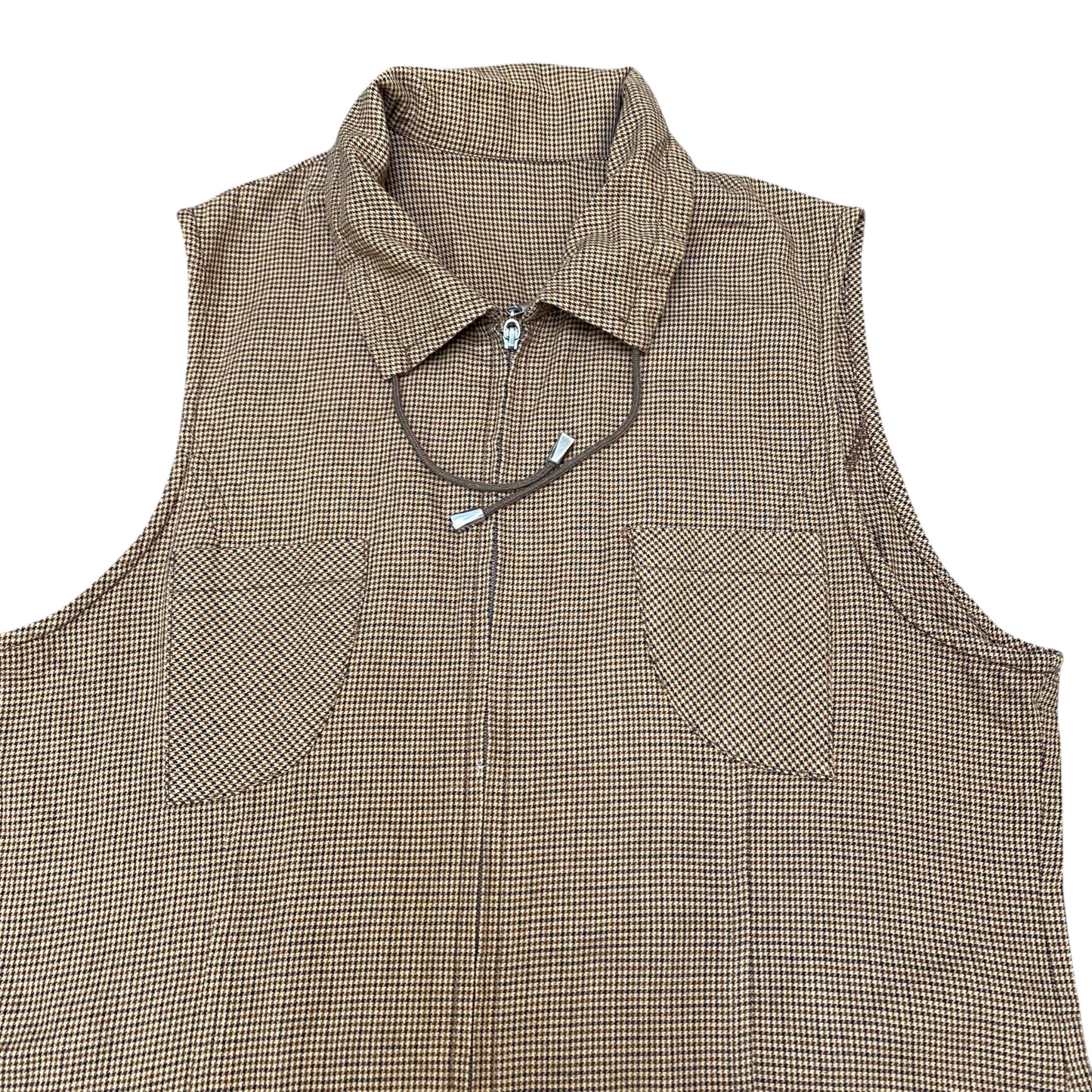 Womens Vest M Brown Houndstooth Casual Sleeveless Pockets Collared Full Zipper