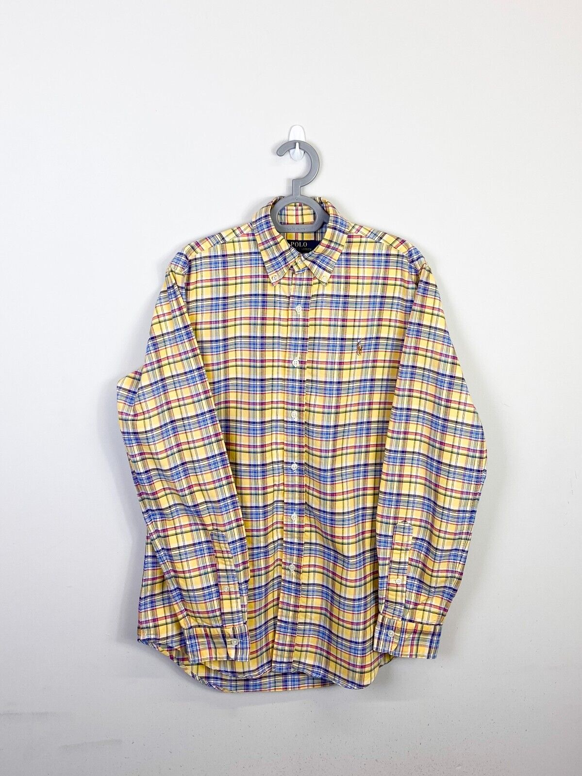 Ralph Lauren Shirt Mens Medium Yellow Plaid Casual Brown Small Polo Pony Logo