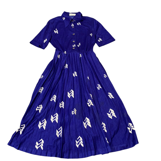 Romache A-Line Dress Womens S Blue Geo Print Knit Pleated Collared Button Front