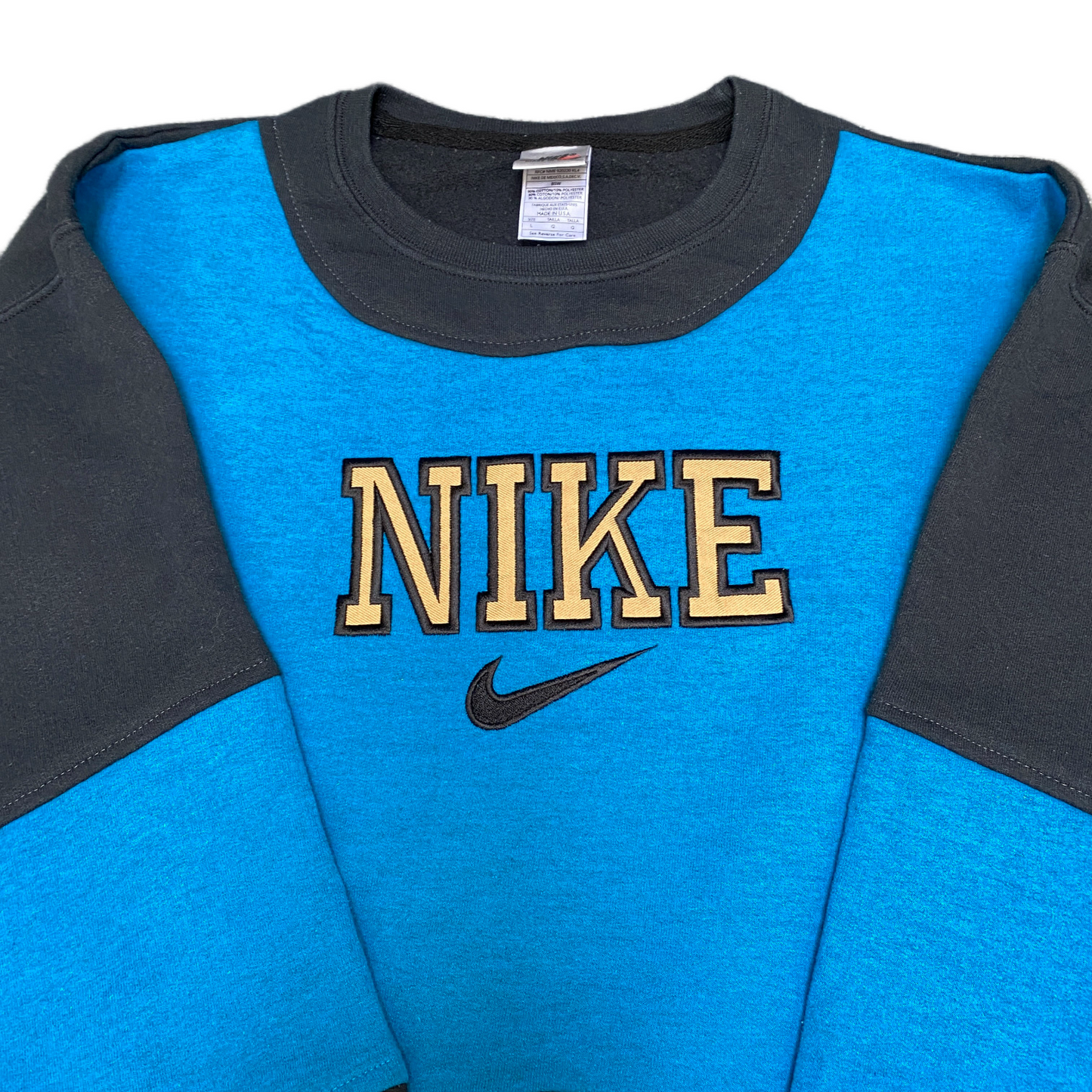 Nike Reworked Sweatshirt Mens Large Blue Black Embroidered Spellout Logo Vtg Y2K
