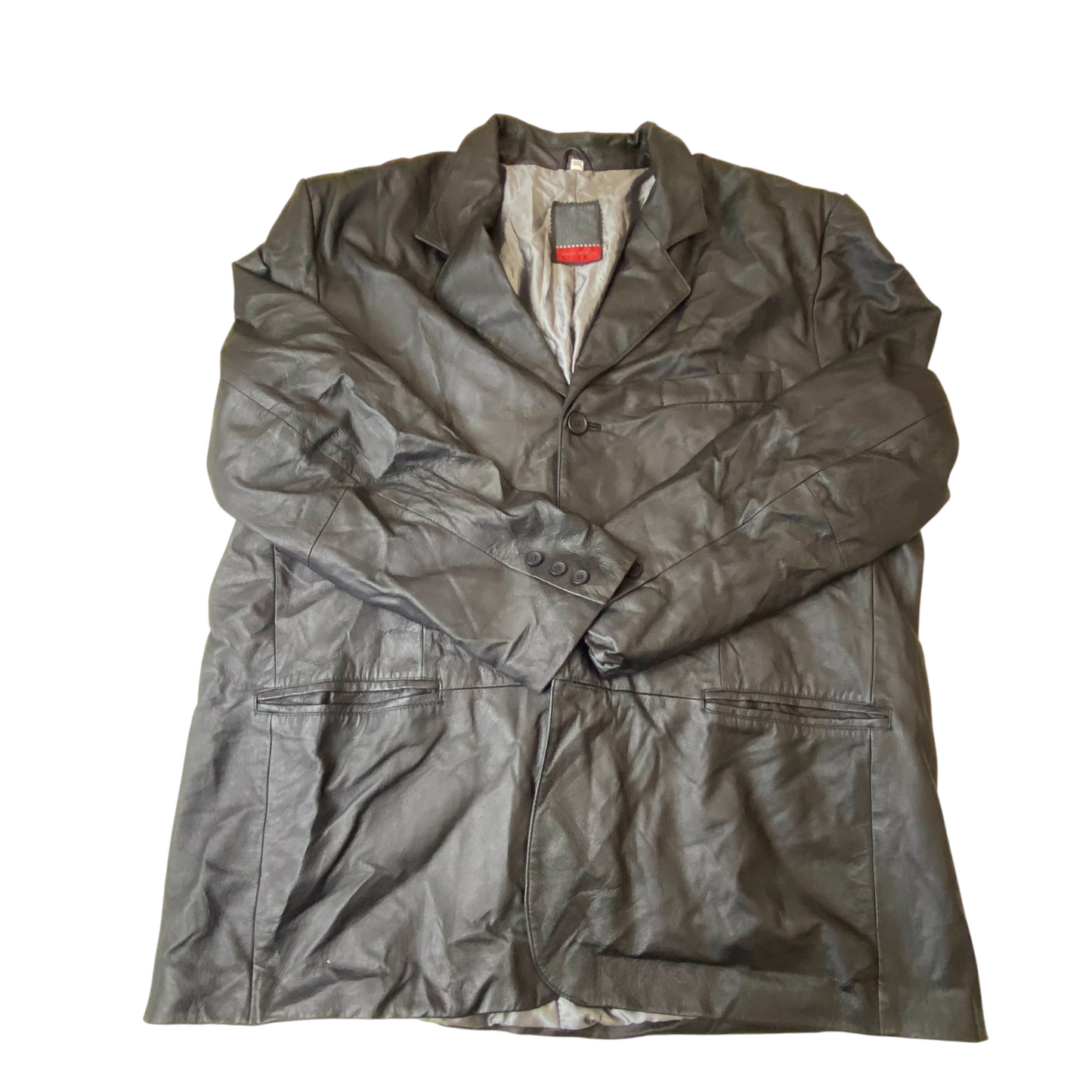 Men Leather Blazer Jacket XL Black Lined Long Sleeve Notch Lapel Single Breasted