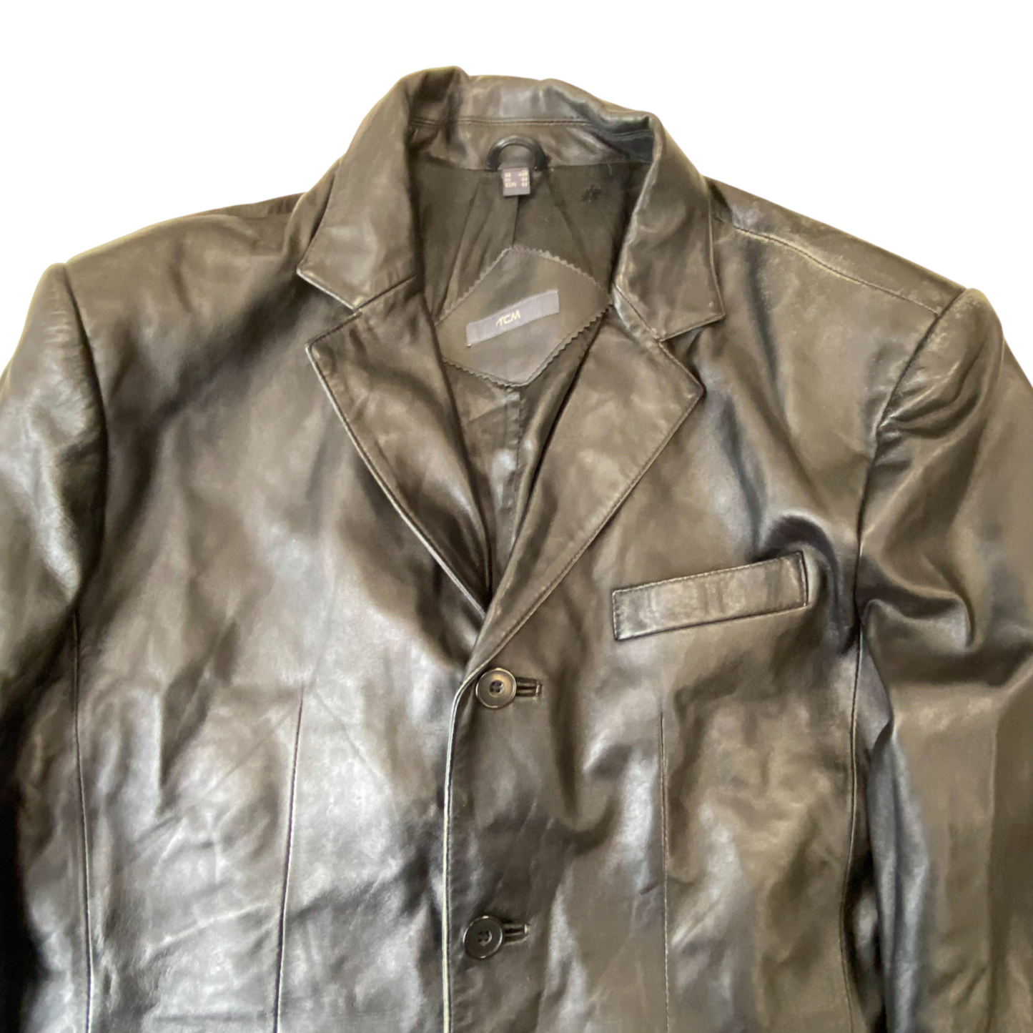 TCM Leather Blazer Jacket Mens Medium Black Lined Notch Lapel Single Breasted