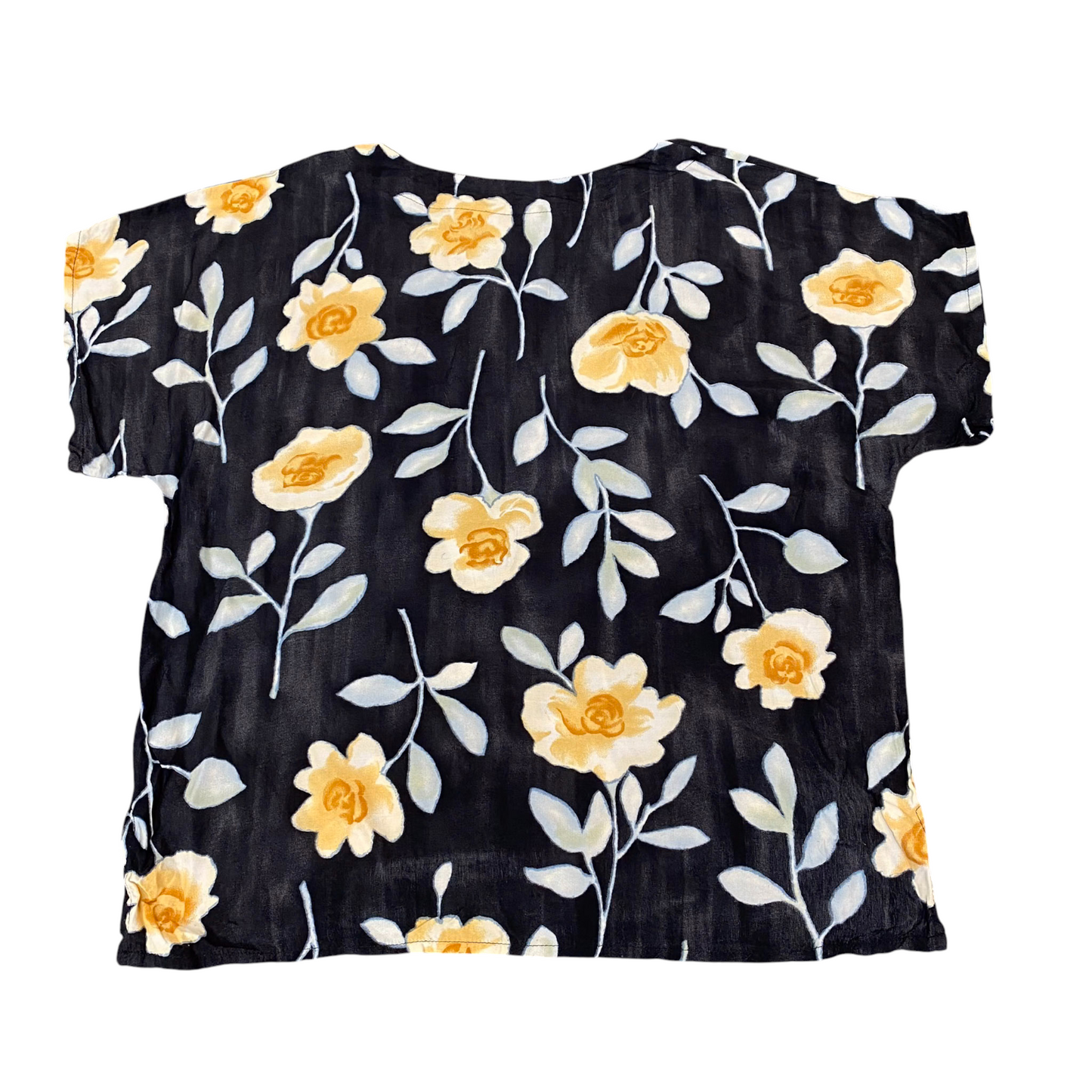 Tee Shirt Womens L Black Yellow Floral Short Sleeve Round Neck Casual Pullover