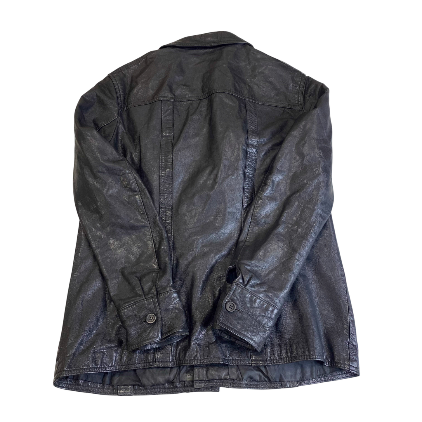 Jacket Mens S Black Genuine Leather Pockets Long Sleeve Collared Button Front