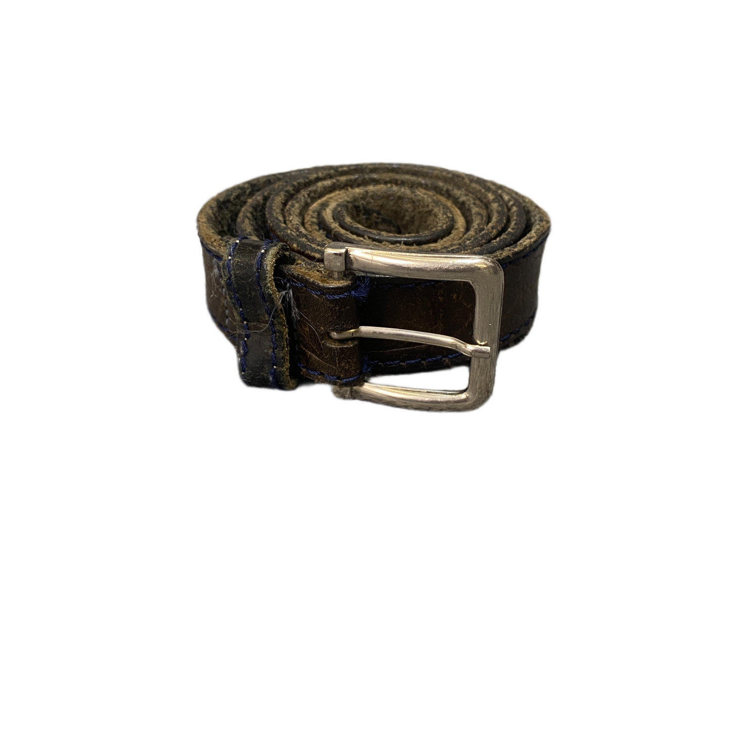 Waist Belt Mens Black Crocodile Leather Blue Stitching Silver Buckle 44 inches