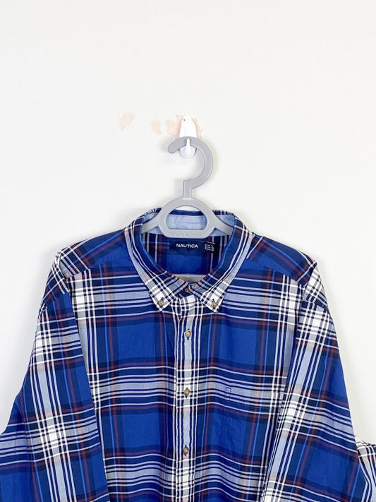 Nautica Shirt Mens XL Blue Plaid Casual Long Sleeve Pocket Collared Button Down