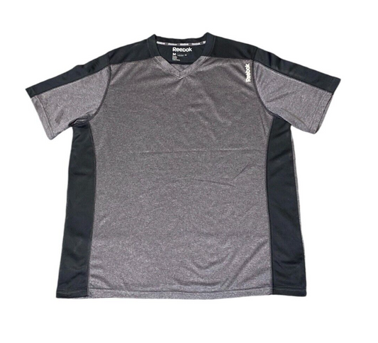 Reebook T-Shirt Men's M Grey Black 100% Polyester Logo Short Sleeve Pullover Tee