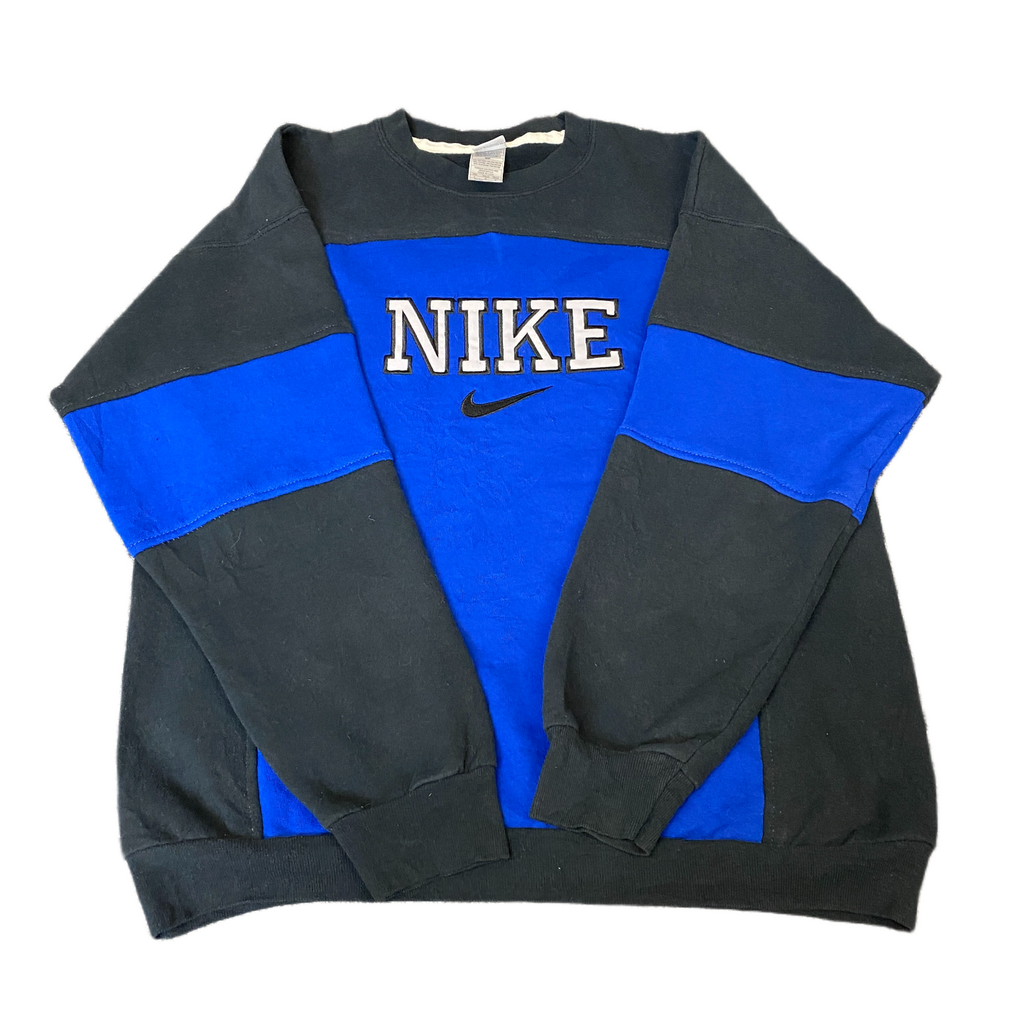 Nike Reworked Sweatshirt Mens L Black Blue Embroidered Spellout Logo Vintage Y2K