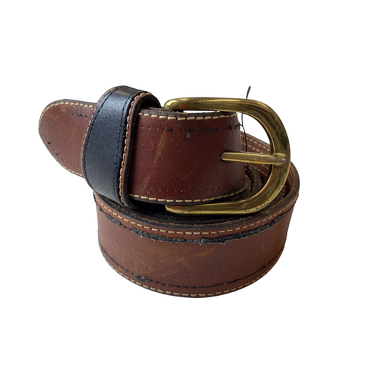 Mens Waist Belt Brown Leather Adjustable Gold Tone D Buckle Size 46 in