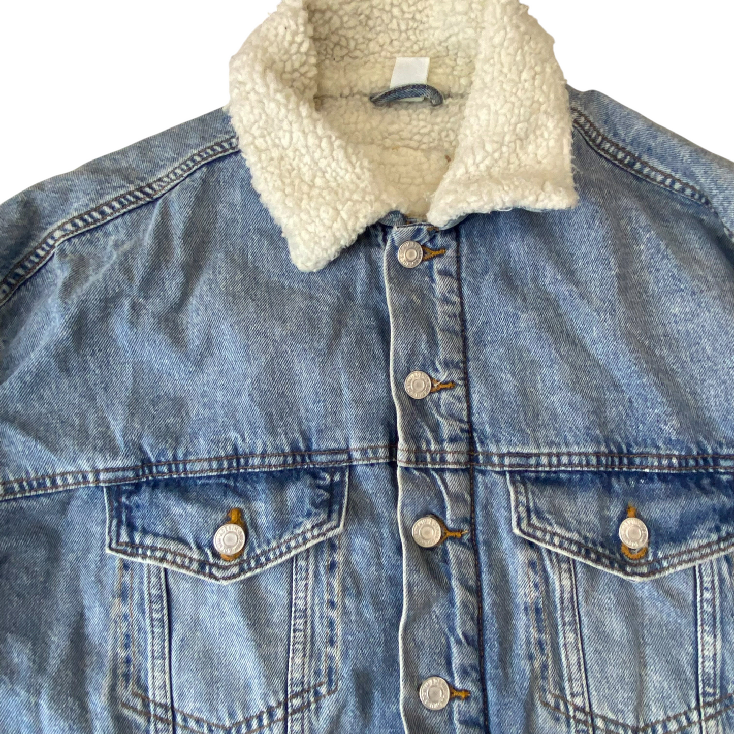 Mens Large Trucker Jacket Blue Denim Sherpa Lined Long Sleeve Button Front