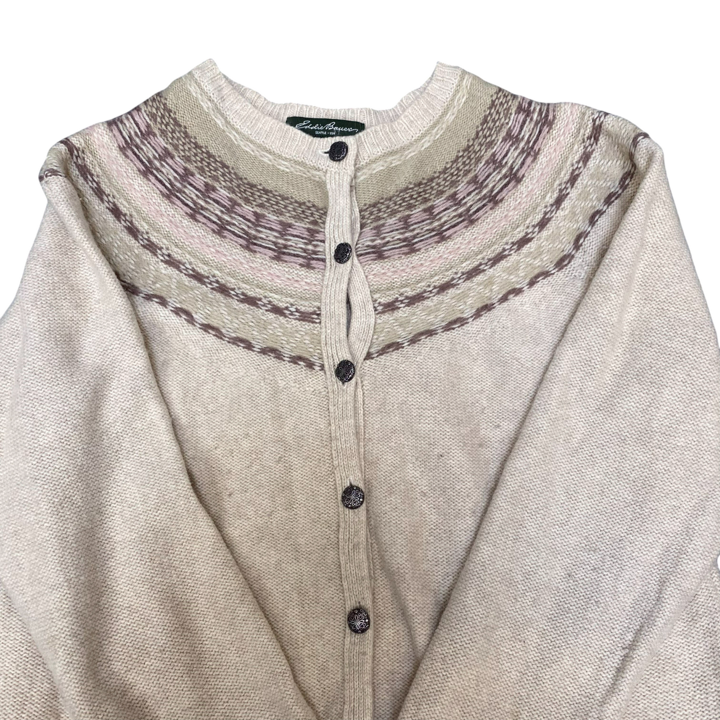 Eddie Bauer Cardigan Womens Large Petite Cream Fair Isle Nordic Button Front