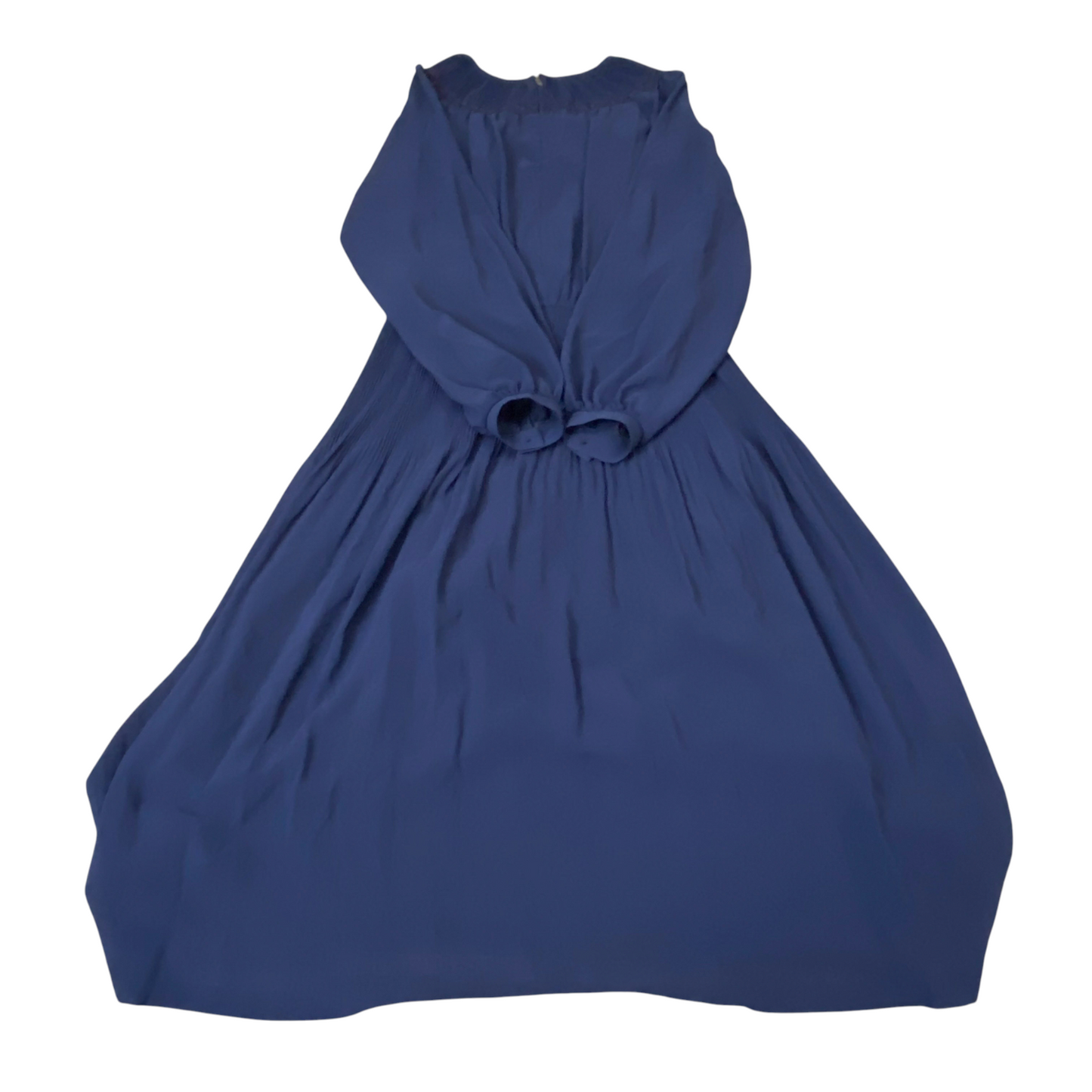 Long Maxi Dress Womens S Blue Long Sleeve Smocked Waist Round Neck Back Zip