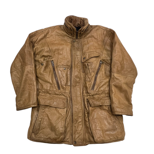 Mens Faux Leather Jacket Medium Brown Lined Long Sleeve Snap Button Inside Zip