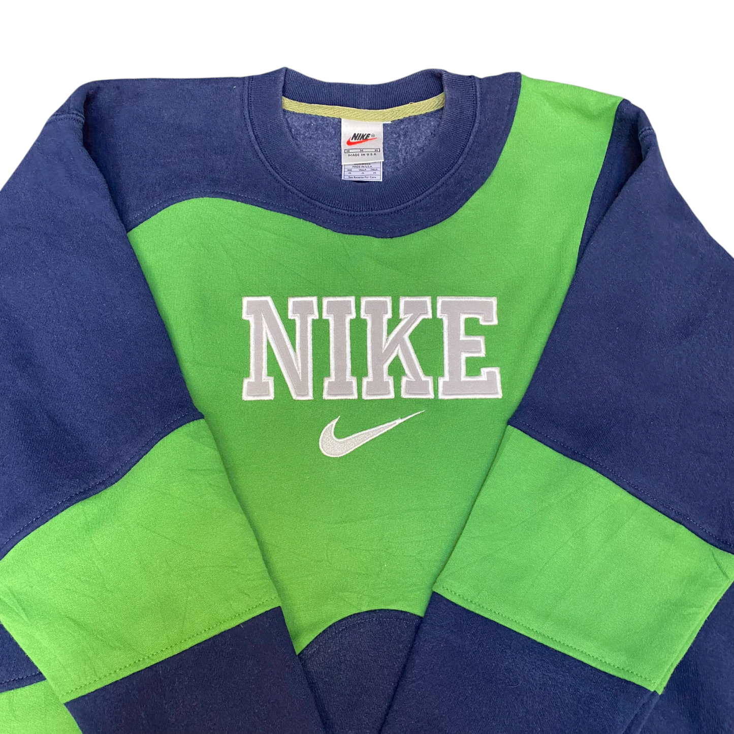 Nike Reworked Sweatshirt Mens M Navy Green Embroidered Spellout Logo Vintage Y2K